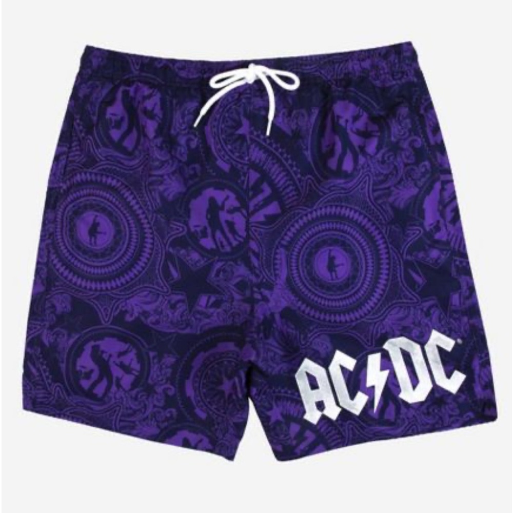 Men's AC/DC 7" Elastic Waist Printed Swim Shorts - Dark Purple SMALL